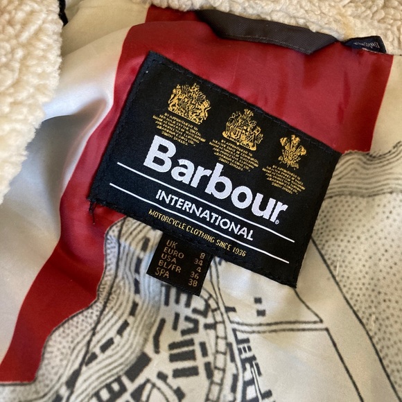 Barbour Int’l Waxed moto jacket map faux shearling lining US size 4 (Dark Brown) - Picture 4 of 7